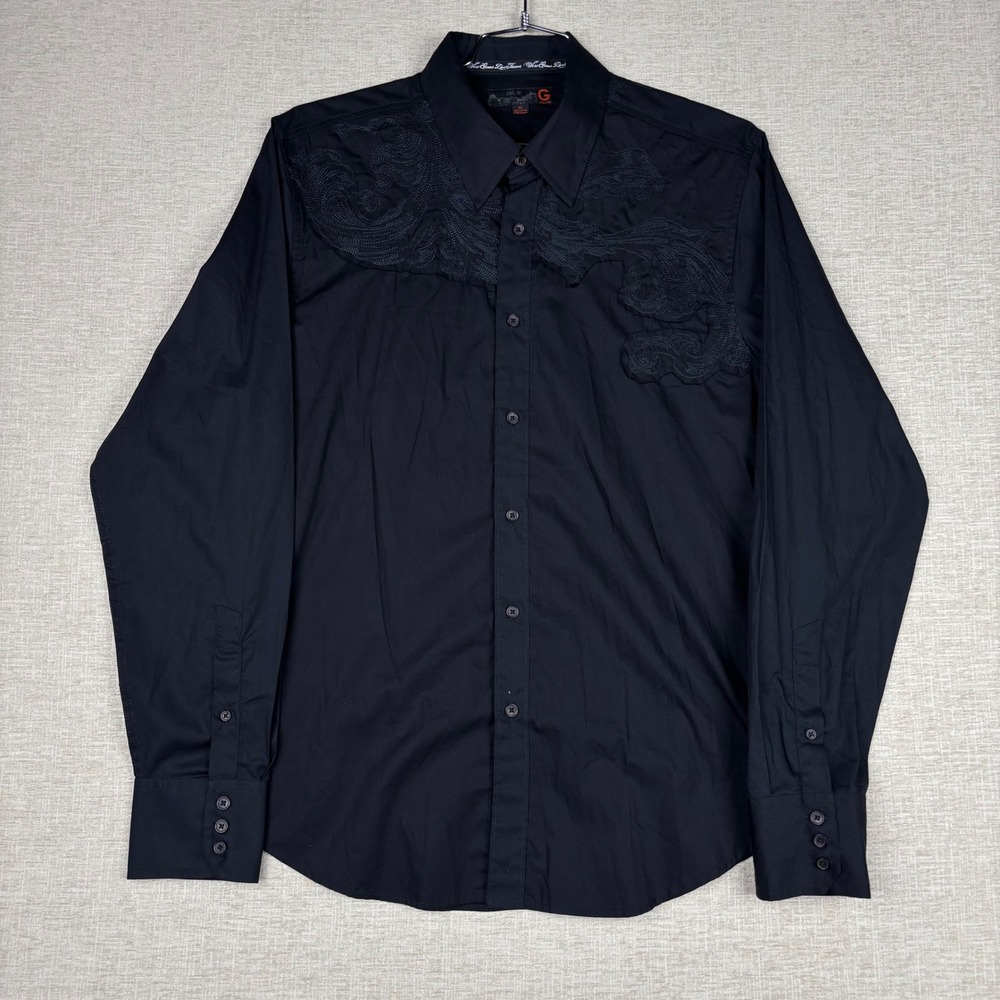 G By Guess Mens XL Black Embroidered Western Button Down Shirt Long Sleeve